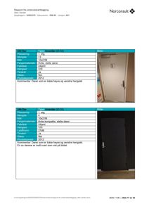 Et dokument som viser en rapport fra ombruk kartlegging. Dokumentet inneholder tabeller med spesifikasjoner for dører og to foton som viser dørene som er beskrevet i tabellene.