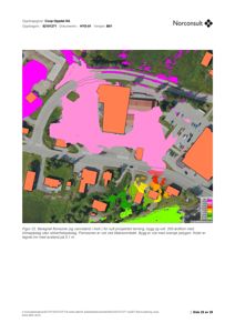 Kart som viser beregnet flomsone (rosa) og vannstand i moh. for et prosjektert terreng, med bygninger markert med oransje polygoner.