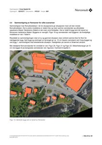 Fotografi av et område med flere bygninger (merket 'Gammelt bygg', 'Nytt bygg' osv.) og vannveier, sannsynligvis en situasjonsplan eller analysebilde fra en rapport.