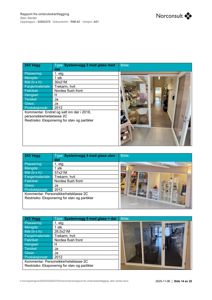 Et dokument fra Norconsult som viser en rapport om ombrukskartlegging. Dokumentet inneholder tabeller med spesifikasjoner for vegger (farge, materiale, mål) og bilder av de aktuelle veggene i bygningen.