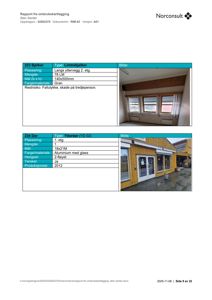 Et dokument fra Norconsult som viser en rapport for ombruk av materialer (bjelker og dører). Dokumentet inneholder tabeller med spesifikasjoner og to fotografier: et bilde på bjelker i taket og et bilde på ytterdører.