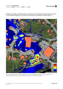 Et hydrologisk kart som viser beregnet vannhastighet (flomsone) i et tiltaksområde, med bygninger markert som polygoner.