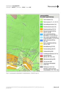 Løsmassekart som viser geologiske lag og terrengforhold i et område (Gjerdanbekken).