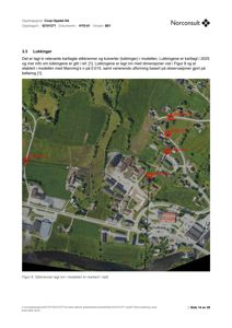 Et flyfoto eller satellittbilde av et område med bygninger, veier og grøntområder, med markerte stikkrenner (røde prikker) og en svart linje som viser en lukking.