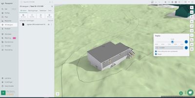 3D-visualisering av en bygning i et terreng, med daglysanalyse aktivert.