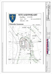 Situasjonskart som viser tomtens grenser (gnr/bnr 111/159), nabotomter, høydemål og bygningsplassering.