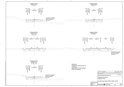 Tegning som viser normalprofiler (tverrsnitt) for ulike deler av en vei (60400, 60500, 60600, 60700) med oppgitt høyder, bredder og terrengforhold.