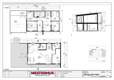 Plantegning som viser romfordeling og dimensjoner for 1. og 2. etasje, samt et snitt (A-A) og arealoversikt.