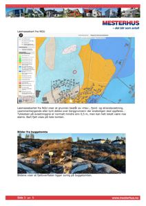 Løsmassekart fra NGU som viser geologiske forhold (hav-, fjord- og strandavsetning) på en tomt, samt bilder fra byggetomta.