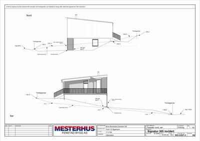 Fasadetegning som viser bygningens utseende sett fra nord og sør, inkludert høydeoppgaver og terrengforhold.