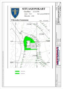 Situasjonskart som viser tomtens grenser, beliggenhet i forhold til nabolag (gnr/bnr), topografi og arealoppdeling.