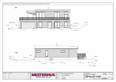 Fasadetegning som viser bygningens utseende sett fra øst og vest, inkludert vinduer, dører, takform og terrassering.