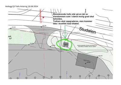 Situasjonsplan som viser eiendomsforhold, høydemål, eksisterende vegetasjon og plassering av en trafostasjon.
