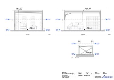 Snittegning av en garasje eller inngangsparti med høydeangivelser og etasjeskillere.
