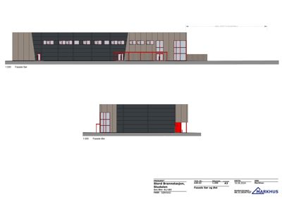 Fasadetegning som viser bygningens utseende sett fra sør og øst.