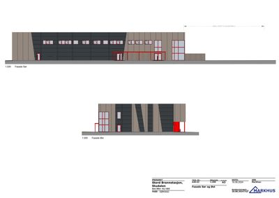 Fasadetegning som viser bygningens utseende sett fra sør og øst.