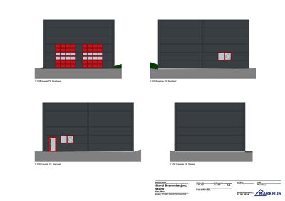 Bildet viser fire fasadetegninger av en bygning (Stord Brannstasjon) sett fra forskjellige vinkler (Nordvest, Nordøst, Sørvest, Sørøst).