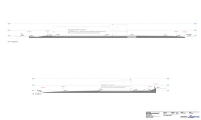 Snittegning som viser grunnarbeider og nivåforskjeller for Betongbygg Brannstasjon.