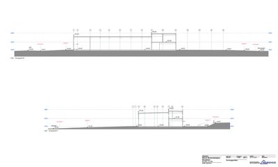 Snittegning som viser tverrsnittet av bygningen med høydeangivelser og terrengforhold.