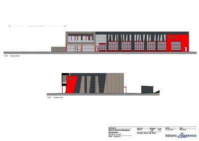 Fasadetegning som viser fronten av Stord Brannstasjon sett fra nord og vest.