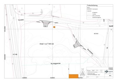 Situasjonsplan som viser eiendomsgrenser, areal og nabolag.