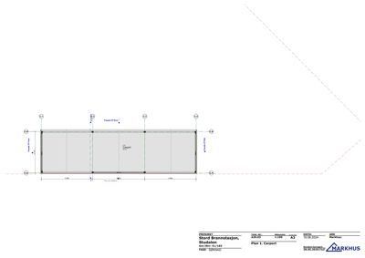 Etasjeplan for 'Carport' med romfordeling, mål og snittlinjer.