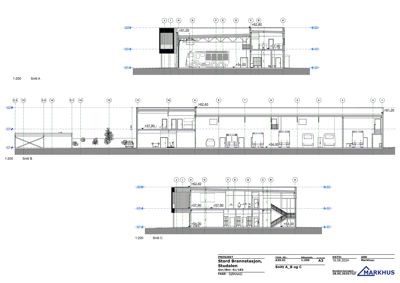 Snittegning (Snitt A, B og C) av Stord Brannstasjon som viser bygningens tverrsnitt, høyder og konstruksjon.