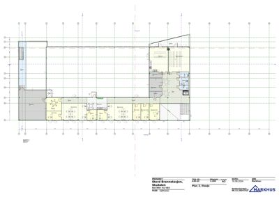 Etasjeplan (Plan 2. Etasje) som viser romfordeling, veggkonstruksjoner og innredning for Stord Brannstasjon.