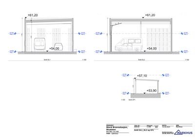 Snittegning av en garasje eller inngangsparti med høydeangivelser og etasjenavn.