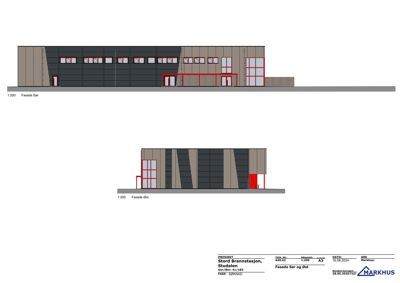 Fasadetegning som viser bygningens utseende sett fra sør og øst.