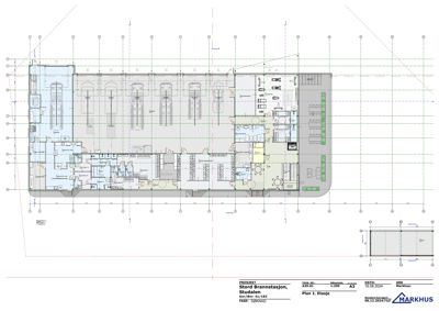 Etasjeplan for 1. etasje av Stord Brannstasjon, som viser romfordeling og inngangsplassering.