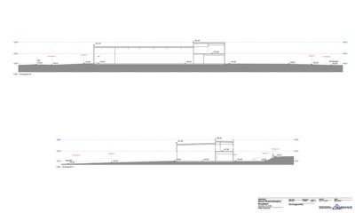 Snittegning som viser tverrsnittet av bygningen i forhold til terrenget og naboeiendom.