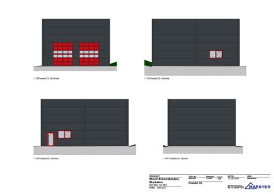 Bildet viser fire fasadetegninger (Nordvest, Nordøst, Sørvest, Sørøst) for Stord Brannstasjon.