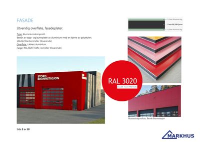 Fotografi av en rød brannstasjon med fasadeteknologi, illustrasjon av fasadepaneler og teknisk informasjon om materialer.