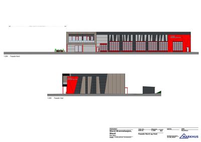 Fasadetegning som viser utsiden av Stord Brannstasjon sett fra Nord og Vest.
