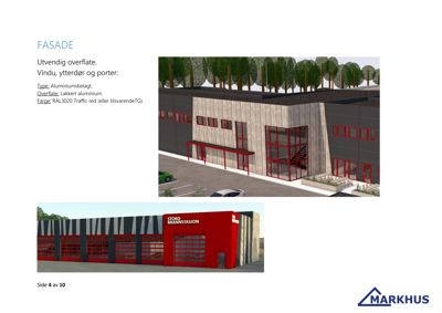 3D-visualisering av en bygning med fasadeteknikk og fargevalg.