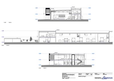 Snittegning (Snitt A, B og C) som viser tverrsnittet av Stord Brannstasjon med innvendige rom og høydemål.
