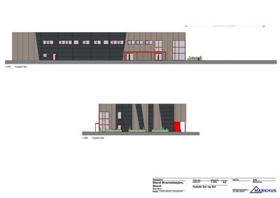 Fasade tegning som viser bygningens utseende sett fra sør og øst.