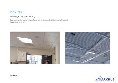 Fotografier av innvendige overflater og himling i en bygning, inkludert et vognhall/vaskehall-område.