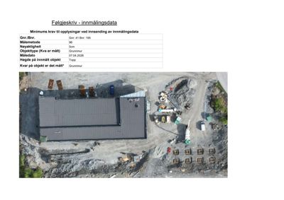 Luftfoto av en bygning under oppføring eller nybygging, med tilhørende innmålingsdata i tabellformat.