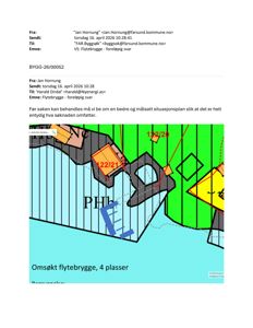 Situasjonsplan som viser etterspurt plassering av flytebrygge i forhold til kystlinjen og eksisterende infrastruktur.