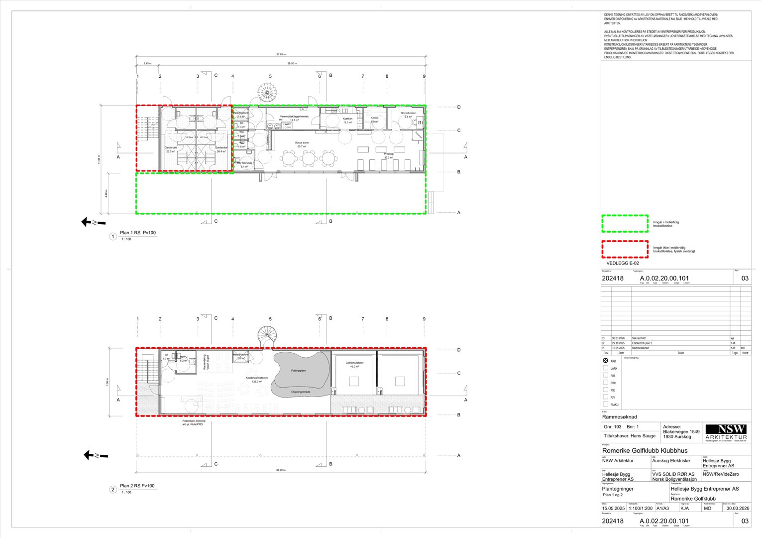 Etasjeplaner (Plan 1 og Plan 2) som viser romfordeling, veggposisjon og møblering for en bygning.