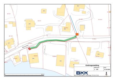Situasjonsplan som viser eiendomsnummer, vegforløp (Aftordvegen) og en planlagt endring (grønn linje) i forhold til eksisterende bygninger.