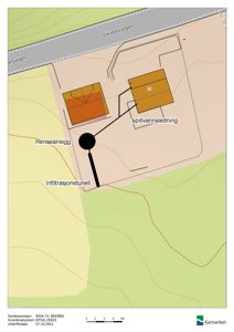 Kart over et renseanlegg og en infiltrasjonstunell med tilhørende ledninger og infrastruktur.
