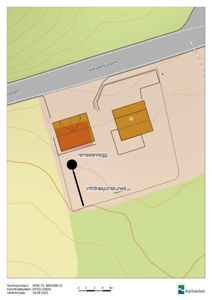 Situasjonsplan som viser to bygninger (renseanlegg og bygning 73), en infiltrasjonstunell, Viksdalsvegen og terrenget med høydeforhold.