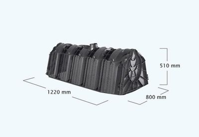 En teknisk tegning som viser et plastikkonstruksjon (sannsynligvis en avløpsbrønn eller filter) med angitte mål: 1220 mm lengde, 800 mm bredde og 510 mm høyde.
