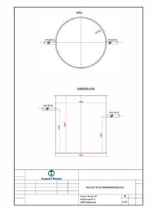 Teknisk detaljtegning som viser mål og dimensjoner for et minirenseanlegg (PVC-rør og dimensjoner).
