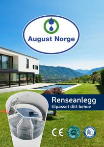 Markedsføringsbilde som viser en moderne villa med et renseanlegg i forgrunnen.