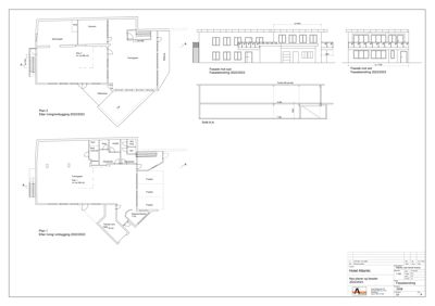 Bildet viser etasjeplaner (Plan 1 og Plan 2) for en bygning, inkludert romfordeling, dører, vinduer og dimensjoner. Det inneholder også fasadetegninger og et snitt (Snitt A-A).