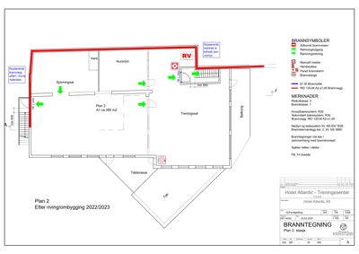 Etasjeplan (Plan 2) for Hotel Atlantic - Treningsenter som viser romfordeling, brannvegger og brannutganger.